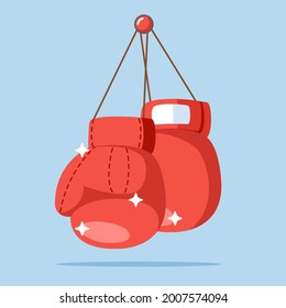 Red boxing gloves hanging logo. Flat cartoon design. vector illustrator.