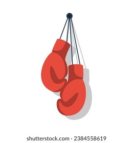 Guantes rojos de boxeo colgando. Guantes en una cuerda cuelgan de la pared. Icono de boxeo. Diseño plano de ilustración vectorial. Aislado sobre fondo blanco.