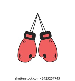 Red boxing gloves hanging on lace. Vector illustration. Hand drawn sports equipment. Fight, combat accessories in cartoon doodle style. Aggression, protection, competition, security, confidence symbol