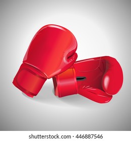 Red boxing gloves left and right in different angles realistic vector illustration in 3D style, isolated on white background