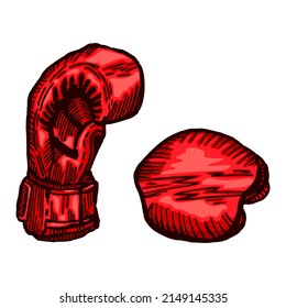 Red boxing gloves sketch in isolated white background. Vintage sporting equipment for kickboxing in engraved style. Vector hand drawn design for poster, print, book illustration,tattoo.