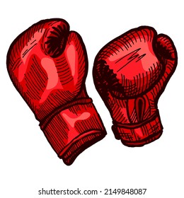 Red boxing gloves sketch in isolated white background. Vintage sporting equipment for kickboxing in engraved style. Vector hand drawn design for poster, print, book illustration,tattoo.