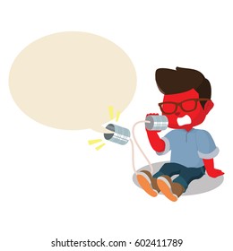 red boy shouting on can phone