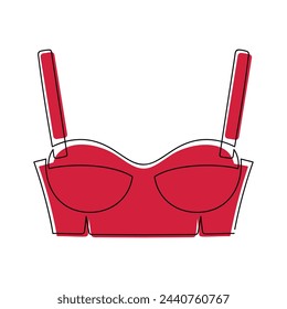 Sujetador rojo superior una línea de dibujo continuo. Ilustración vectorial de ropa. Icono de ropa de mujer dibujado a mano. Impresión de la moda, banner de la tienda, tarjeta, cartel, signo, símbolo.
