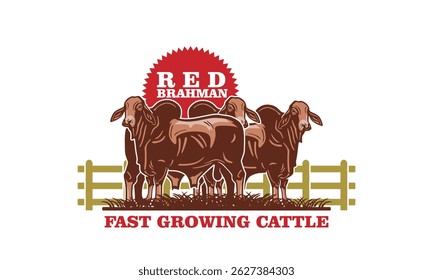 red brahman cattle standing logo, silhouette of great cow at field vector illustrations
