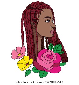 Red braids African black woman with some flowers afro girl hairstyle vector coloring illustration