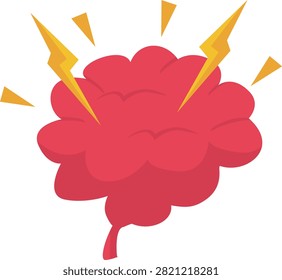 A red brain illustration with yellow lightning bolts striking it, symbolizing a painful headache, migraine, or mental stress and discomfort.