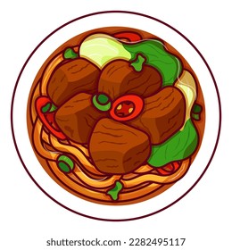 Red braised beef noodle soup recipe illustration vector. Asian taiwanese noodles soup food icon top view.
Chinese noodles soup with pork top view cartoon. Hong Shao Niu Rou Mian food menu icon.