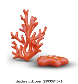 Red branch coral, starfish. Vector 3D composition in cartoon style. Decorative element for website about underwater world. Illustration for natural fossil shop