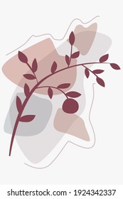 Red branch with tangerine on the background of abstract pink spots with lines
