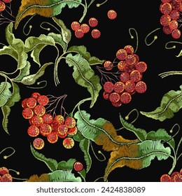 Red branches of a mountain ash berries. Wild forest art. Embroidery style. Fashionable template for design of clothes. Botanical autumn seamless pattern