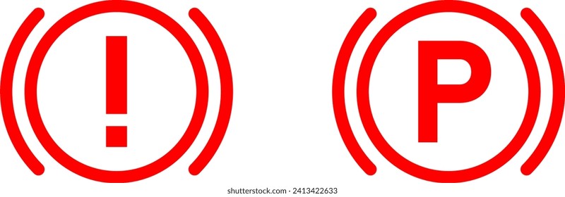 Red Break and Handbreak Warning Light Symbol Icon Set with Exclamation Mark and the Letter P. Vector Image.