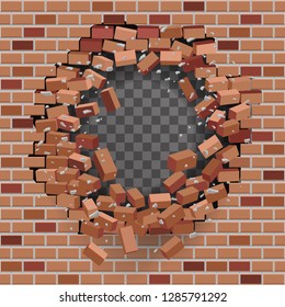 Red Brick Break Wall Hole Destruction Transparent Template Background Vector Illustration