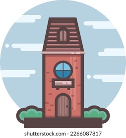 Red brick building flat icon. City architecture. Cartoon of fairytale style. Large panoramic window and balcony. Town cottage. Icon with round sky background.
