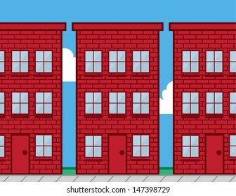 Red brick buildings with sidewalk 