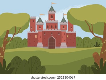 Un castillo de ladrillo rojo con banderas en la parte superior, rodeado de exuberantes árboles verdes y arbustos bajo un cielo azul claro. Ideal para fantasía, cuentacuentos, libros infantiles, aventuras, temas históricos. Caricatura con