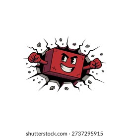A red brick character with a face is breaking through a wall with a determined expression.