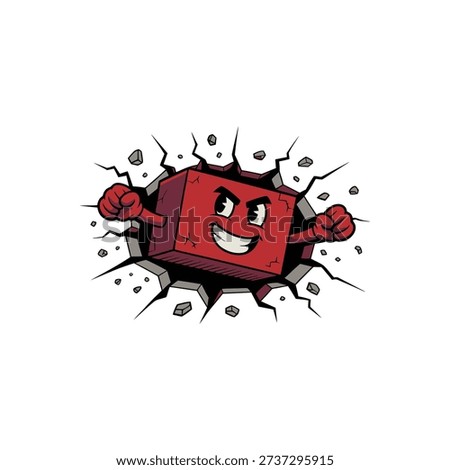 A red brick character with a face is breaking through a wall with a determined expression.