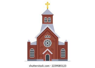 red brick christian church. facade of a religious building. flat vector illustration.