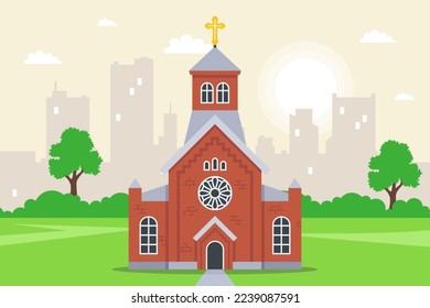 red brick christian church. facade of a religious building. flat vector illustration.