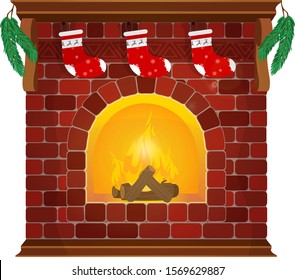 Red brick is a classic fireplace with socks, and New Year's wreaths. Happy new year decoration. Merry Christmas New Year and Christmas. Vector flat style illustration.