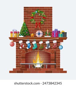 Red brick classic fireplace with socks, christmas tree, candle balls gifts and wreath. Happy new year decoration. Merry christmas holiday. New year and xmas celebration. Vector illustration flat style