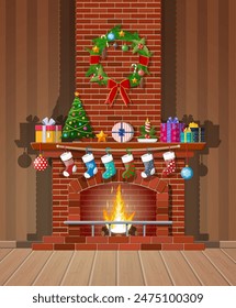 Red brick classic fireplace with socks, christmas tree, candle balls gifts and wreath. Happy new year decoration. Merry christmas holiday. New year and xmas celebration. Vector illustration flat style