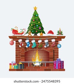 Red brick classic fireplace with socks, christmas tree, candle balls gifts and sleigh. Happy new year decoration. Merry christmas holiday. New year and xmas celebration. Vector illustration flat style