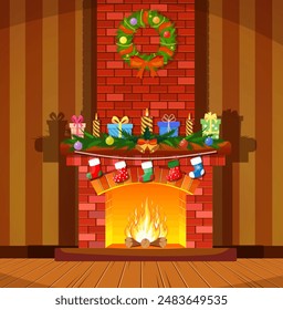 Red brick classic fireplace with socks, candle balls gifts and wreath. Happy new year decoration. Merry christmas holiday. New year and xmas celebration. Vector illustration in flat style