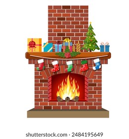 Red brick classic fireplace with socks, christmas tree, candle balls gifts and wreath. Happy new year decoration. Merry christmas holiday. New year and xmas celebration. Vector illustration flat style