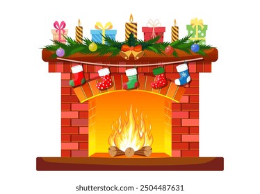 Red brick classic fireplace with socks, candle balls gifts. Happy new year decoration. Merry christmas holiday. New year and xmas celebration. Vector illustration flat style