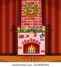 Red brick classic fireplace with socks, candle balls gifts and wreath. Happy new year decoration. Merry christmas holiday. New year and xmas celebration. Vector illustration in flat style