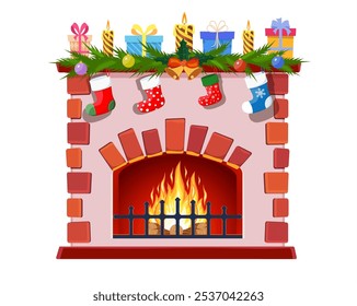 Red brick classic fireplace with socks, candle balls gifts. Happy new year decoration. Merry christmas holiday. New year and xmas celebration. Vector illustration flat style