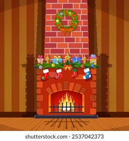 Red brick classic fireplace with socks, candle balls gifts and wreath. Happy new year decoration. Merry christmas holiday. New year and xmas celebration. Vector illustration in flat style