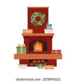 Red brick fireplace with burning fire and logs, Christmas wreath with gifts. Cozy time. Vector illustration isolated on white background. 