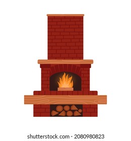 Chimenea de ladrillo rojo con fuego y troncos en llamas. Momento acogedor. Ilustración vectorial aislada en fondo blanco. Antigua chimenea clásica.