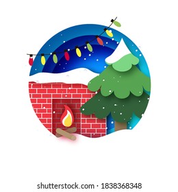Red Brick fireplace with christmas tree. Happy New Year decoration. Winter holidays. Merry Christmas papercraft style.