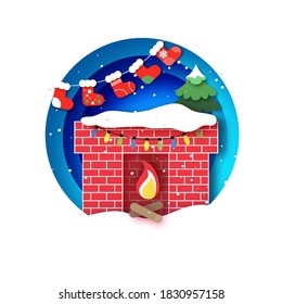 Red Brick Fireplace with Socks ans Christmas tree. Happy New Year decoration. Winter holidays. Merry Christmas papercraft style.