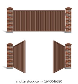 
A red brick gate with a metal profile on a white, isolated background. Open gate. Vector eps10.