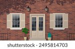 red brick house facade front door two windows potted plants exterior design vector illustration