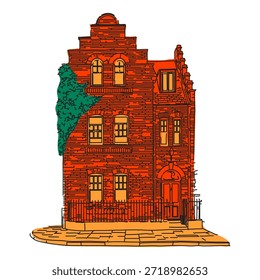 Rotes Ziegelhaus mit orangefarbenen Fenstern und grünem Efeu