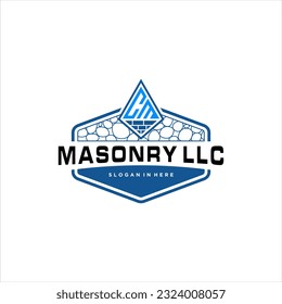 red brick laying masonry company. shovel with bricks vector. abstract cm font for architect