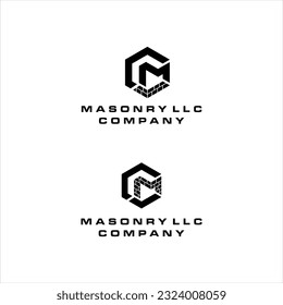 red brick laying masonry company. shovel with bricks vector. abstract cm font for architect