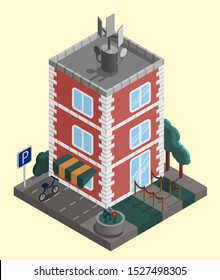 Red brick multi-storey vector house with adjacent territory in isometric