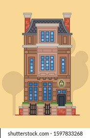 Red brick second empire town house on yellow background