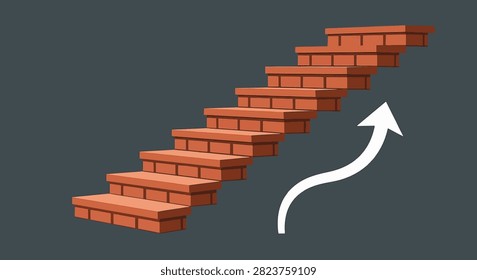 Red brick staircase with nine floating steps rising diagonally on a dark grey background accompanied by a white curved upward-pointing arrow indicating growth and success.