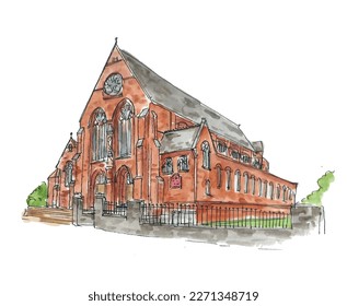 Red brick Victorian church, urban scene. Watercolor sketch illustration. Isolated vector.