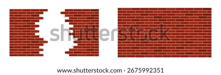 Red brick wall background with broken hole. Old architecture construction element. Destruction, renovation, building concept.