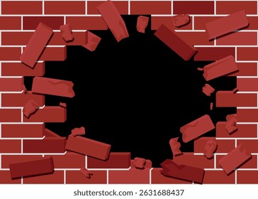 Parede de tijolo vermelho sendo quebrado com buraco - Ilustração de vetor, fundo preto removível para transparência.