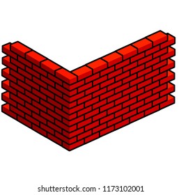 Red brick wall with black borders. Construction of buildings. House element and material. Isometric view
